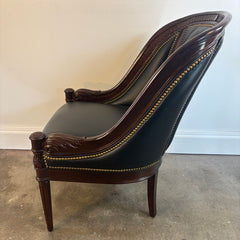Hancock and Moore Black Leather Armchair Tufted Back Elaborate Wood Frame with Interlocked Coin Design, Sku 034126