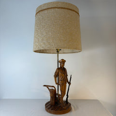 Vintage Table Lamp, Carved Wood Farmer, Plow and Brass Shot Gun, Textured Vintage Shade, Sku: 033523