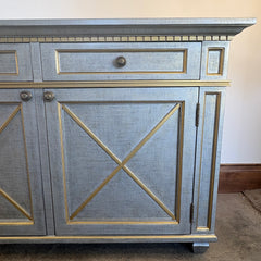 Credenza, Three Lower Cabinets, 3 Top Drawers Finish inSoft Silver, Pale Gold Trim, Sku: 033622