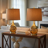 Pair Amber Glass Lamps with Brass Detail, Custom Shades, Sku: 033702