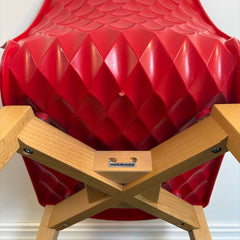 Set of 4 Metalmobil Dining Chairs Molded Red Shell, Diamond Pattern on Maple Leg Structure, Sku 033835