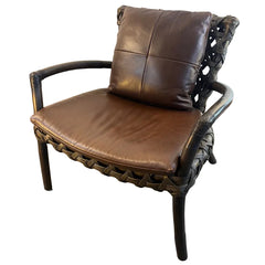 Palecek Arm Chairs Rattan and Woven Natural Material Loose Cushions in Supple Brown Leather, Sku 033804