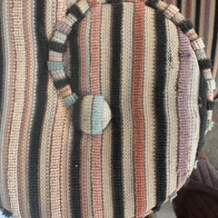 Pair of Vintage Casa Bique Neo Classical Style Arm Chairs, Cut Velvet Striped Upholstery Black, Beige, Blush, Aqua, Scrolled Arm Detail, Great Condition, Chairish Price $1810 Each, Sku 033475