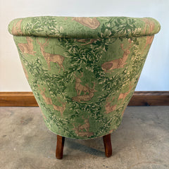 Baker / Slifer Designs Tufted Back Armchair Turned legs on Casters Green Deer Motif Fabric & Footstool, Sku 033229