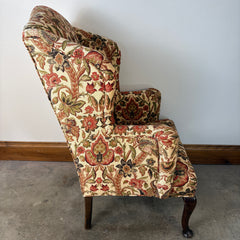 Custom Upholstered Queen Anne Style Wing Chair, Rust and Green Turkish Flower Fabric, Sku 033297