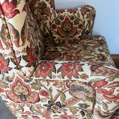 Custom Upholstered Queen Anne Style Wing Chair, Rust and Green Turkish Flower Fabric, Sku 033297