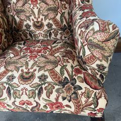Custom Upholstered Queen Anne Style Wing Chair, Rust and Green Turkish Flower Fabric, Sku 033297