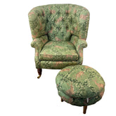 Baker / Slifer Designs Tufted Back Armchair Turned legs on Casters Green Deer Motif Fabric & Footstool, Sku 033229