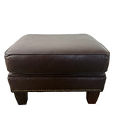 Dark Brown Leather Ottoman With Stud Trim, Wood Feet, Sku: 033110