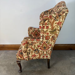 Custom Upholstered Queen Anne Style Wing Chair, Rust and Green Turkish Flower Fabric, Sku 033297
