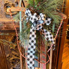 Vintage Sled Adorned and Reimagined with Holiday Charm, Checkered Ribbon, Sku 033282