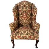 Custom Upholstered Queen Anne Style Wing Chair, Rust and Green Turkish Flower Fabric, Sku 033297
