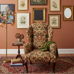 Custom Upholstered Queen Anne Style Wing Chair, Rust, Green Turkish Flower Fabric, Sku: 033297