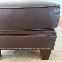 Dark Brown Leather Ottoman With Stud Trim, Wood Feet, Sku: 033110