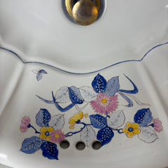Sherle Wagner Vintage Italian Oval Sink, White, Hand Painted Floral Detail, Sku: 033020