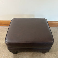 Dark Brown Leather Ottoman With Stud Trim, Wood Feet, Sku: 033110