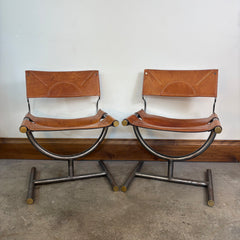 Pair Leather Chairs, Afra and Tobia Scarpa for Benetton, Steel Frame, Brass Detail, Sku: 032993