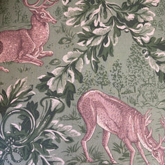 Baker / Slifer Designs Tufted Back Armchair Turned legs on Casters Green Deer Motif Fabric & Footstool, Sku 033229