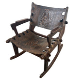Angel Pazmino for Muebles de Estilo Rocking Chair, Ecuadorian Mid Century Safari Leather, Embossed, Teak Wood, Sku: 033127