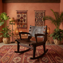 Angel Pazmino for Muebles de Estilo Rocking Chair, Ecuadorian Mid Century Safari Leather, Embossed, Teak Wood, Sku: 033127