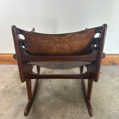 Angel Pazmino for Muebles de Estilo Rocking Chair, Ecuadorian Mid Century Safari Leather, Embossed, Teak Wood, Sku: 033127