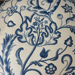 Custom Upholstered Armchair Indigo and Cream Turkish Flower Pattern with Braid Welting, Seat Cushion is a Foam and Down Combination, Sku 033298