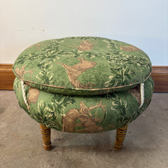 Baker / Slifer Designs Tufted Back Armchair Turned legs on Casters Green Deer Motif Fabric & Footstool, Sku 033229