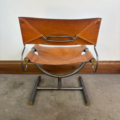 Pair Leather Chairs, Afra and Tobia Scarpa for Benetton, Steel Frame, Brass Detail, Sku: 032993