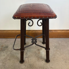 Leather and Iron Counter Height Stool with Branding, Sku 033023
