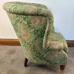 Baker / Slifer Designs Tufted Back Armchair Turned legs on Casters Green Deer Motif Fabric & Footstool, Sku 033229