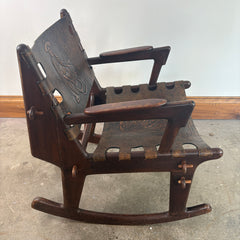 Angel Pazmino for Muebles de Estilo Rocking Chair, Ecuadorian Mid Century Safari Leather, Embossed, Teak Wood, Sku: 033127