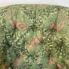 Baker / Slifer Designs Tufted Back Armchair Turned legs on Casters Green Deer Motif Fabric & Footstool, Sku 033229