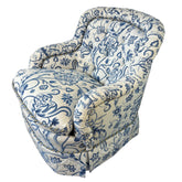 Custom Upholstered Armchair Indigo and Cream Turkish Flower Pattern with Braid Welting, Seat Cushion is a Foam and Down Combination, Sku 033298