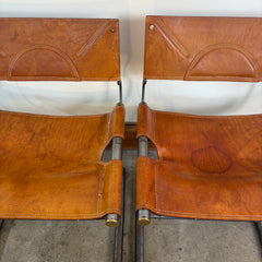 Pair Leather Chairs, Afra and Tobia Scarpa for Benetton, Steel Frame, Brass Detail, Sku: 032993