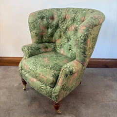 Baker / Slifer Designs Tufted Back Armchair Turned legs on Casters Green Deer Motif Fabric & Footstool, Sku 033229