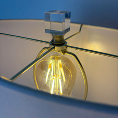 Crystal Base Table Lamp, Ribbed Detail, Oval White Linen Shade, Coordinating Finial, Sku 033132