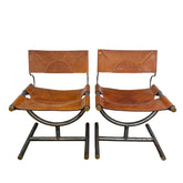 Pair Leather Chairs, Afra and Tobia Scarpa for Benetton, Steel Frame, Brass Detail, Sku: 032993