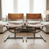 Pair Leather Chairs, Afra and Tobia Scarpa for Benetton, Steel Frame, Brass Detail, Sku: 032993