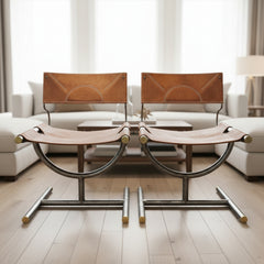 Pair Leather Chairs, Afra and Tobia Scarpa for Benetton, Steel Frame, Brass Detail, Sku: 032993