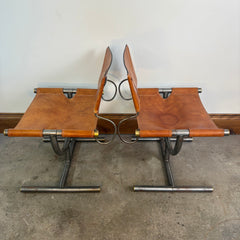 Pair Leather Chairs, Afra and Tobia Scarpa for Benetton, Steel Frame, Brass Detail, Sku: 032993