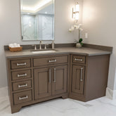 Corner Bathroom Vanity, Kohler Sink, Light Brown Stain, Stone Top, Silver Hardware, Sku: 033310