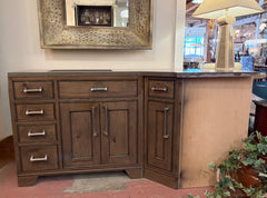 Corner Bathroom Vanity, Kohler Sink, Light Brown Stain, Stone Top, Silver Hardware, Sku: 033310