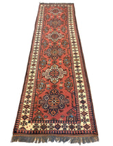 Antique / Vintage 100% Wool Runner Heriz Karajeh Persian Rug in Rust, Blue, Ivory, Black, Sku: 033320