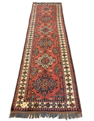 Antique / Vintage 100% Wool Runner Heriz Karajeh Persian Rug in Rust, Blue, Ivory, Black, Sku: 033320