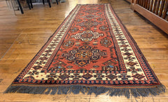 Antique / Vintage 100% Wool Runner Heriz Karajeh Persian Rug in Rust, Blue, Ivory, Black, Sku: 033320