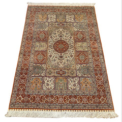 Area Silk Rug, Traditional in Style Hand Knotted Rust, Peach on Beige Ground, Sku: 033245