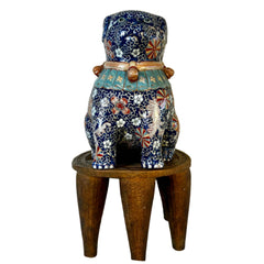 Asian Porcelain Blue Dog, Hand Painted on Wood Stand, Vintage