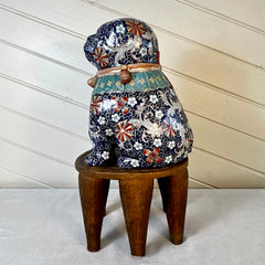 Asian Porcelain Blue Dog, Hand Painted on Wood Stand, Vintage