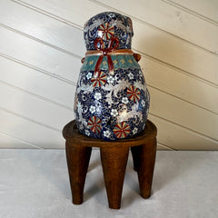 Asian Porcelain Blue Dog, Hand Painted on Wood Stand, Vintage