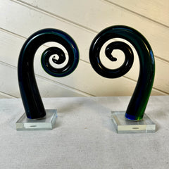 Glass Swirl Sculpture Book Ends, in Dark Aqua Blue, Pair, sku: S32170